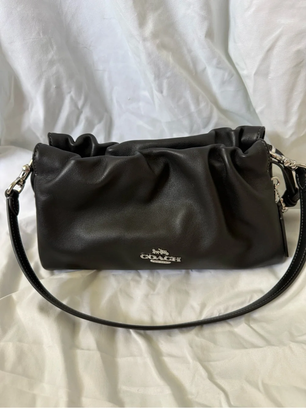 Coach Black Leather Ruched Shoulder Bag with Silver Hardware